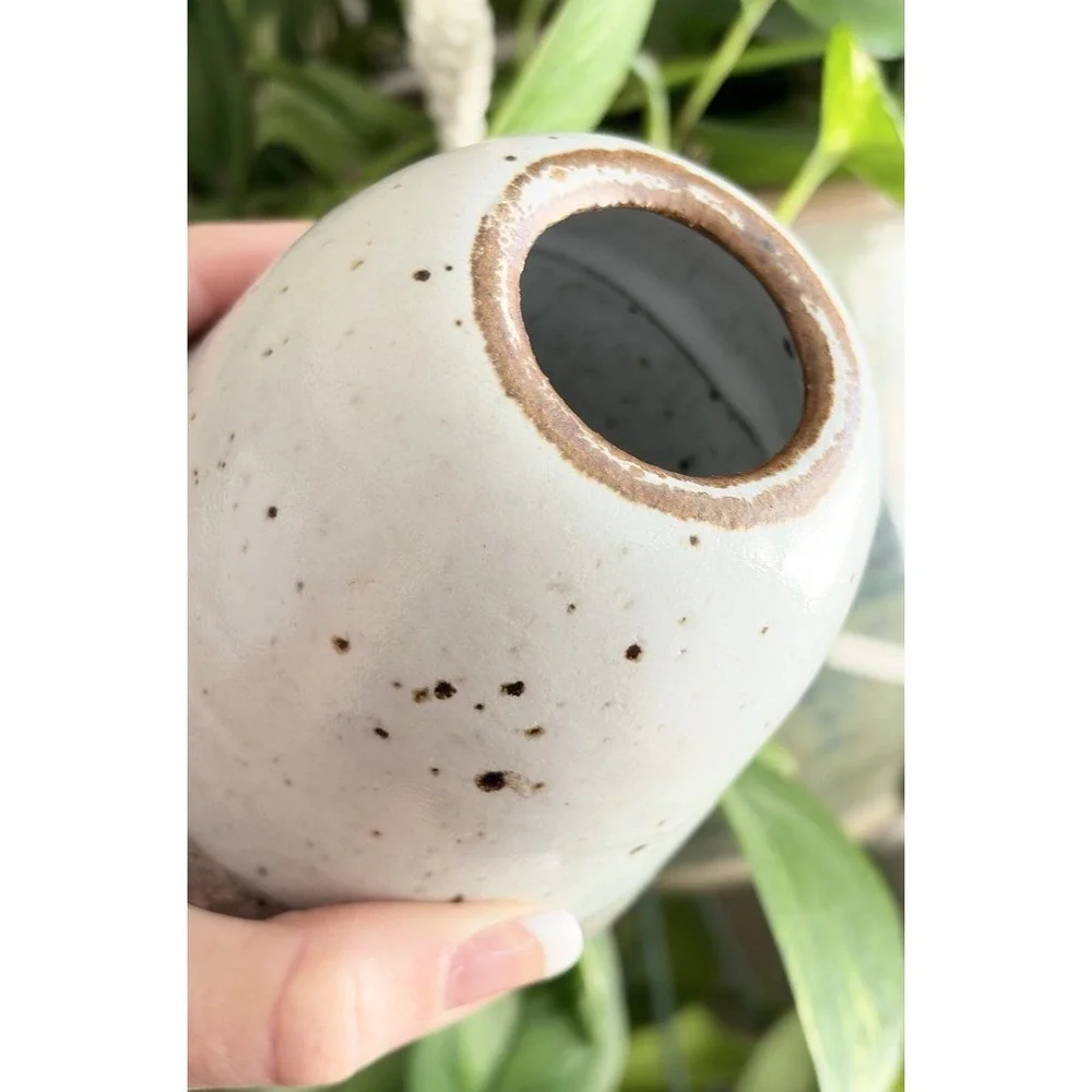 Studio Art Pottery Vase Egg Shape Glazed Three tone Gray Speckled Signed Bud